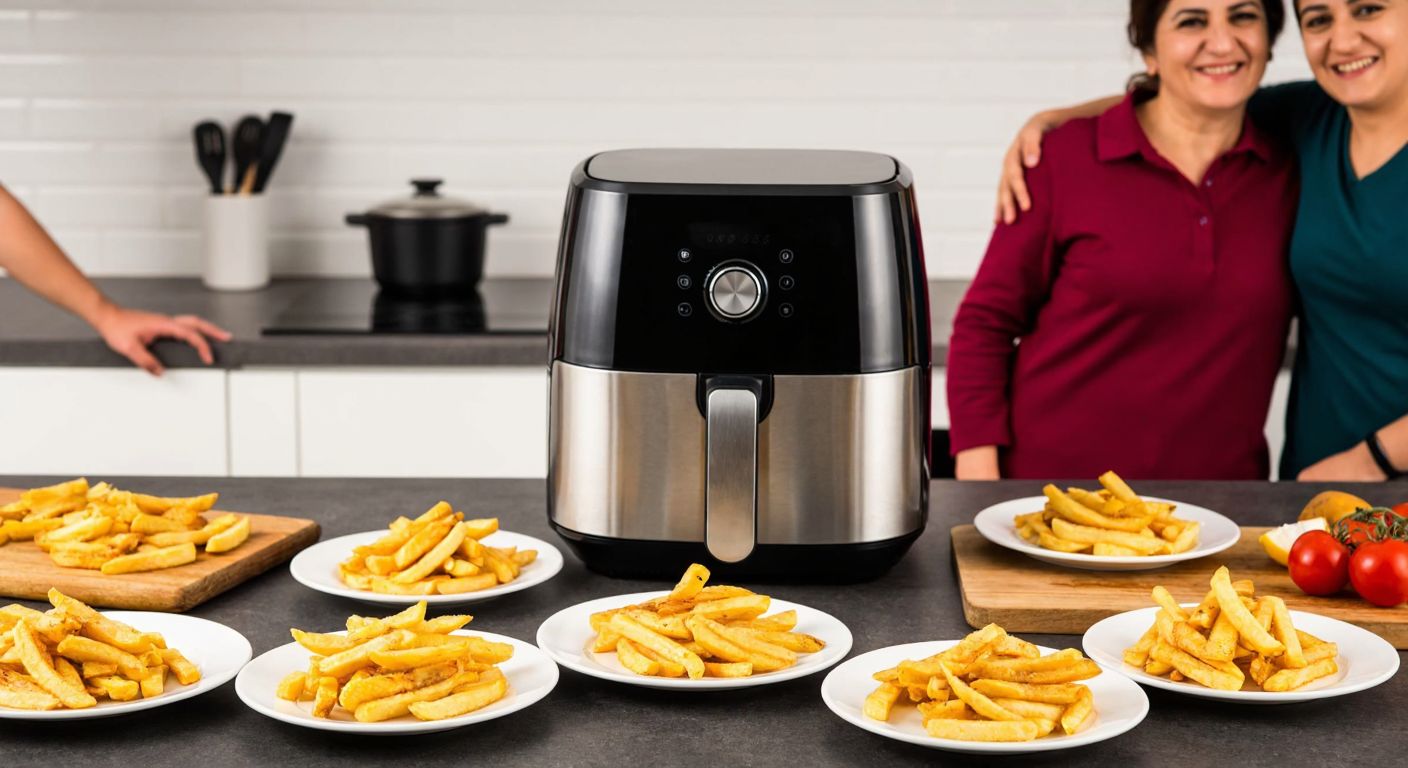 A large, modern airfryer sits on a kitchen counter surrounded by nine plates of crispy golden fries, with a happy Turkish family of nine gathering around it.