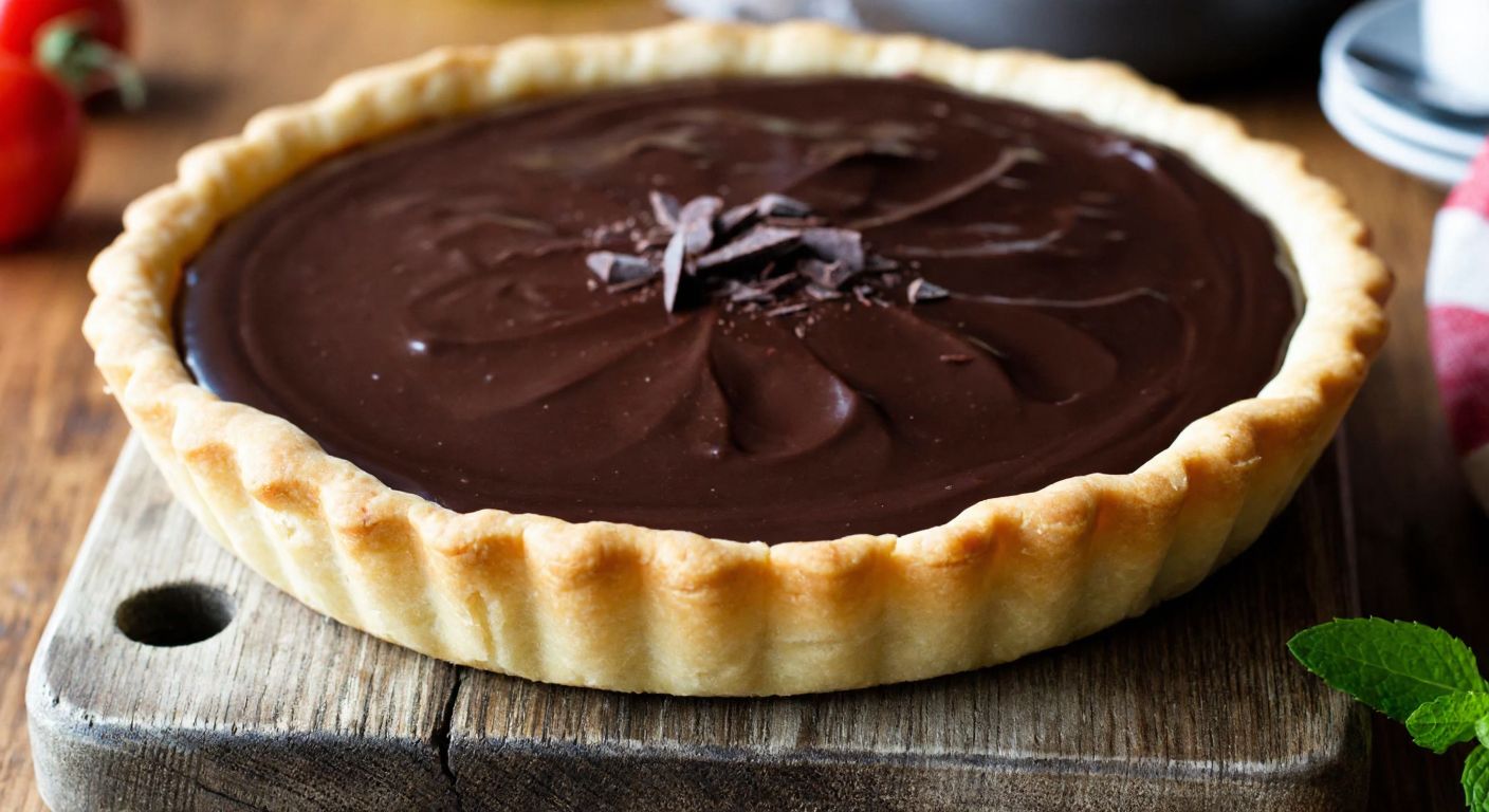 A golden-brown tart crust filled with melted dark chocolate, garnished with chocolate shavings, resting on a rustic wooden table in a cozy Turkish kitchen.