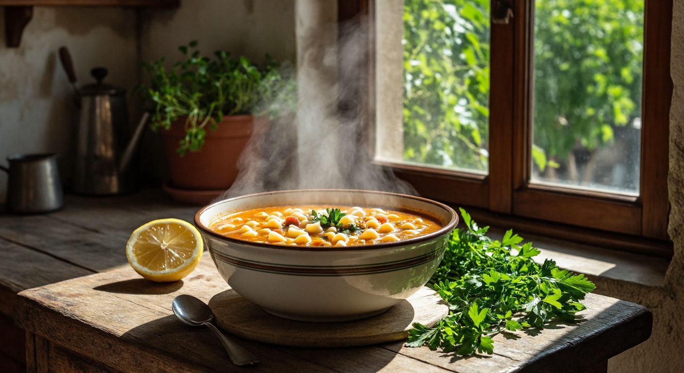 A steaming bowl of **yüzük çorbası** (ring-shaped pasta soup) sits on a rustic wooden table in a sunlit kitchen in Adana, with fresh herbs and a slice of lemon beside it, evoking warmth and regional tradition.