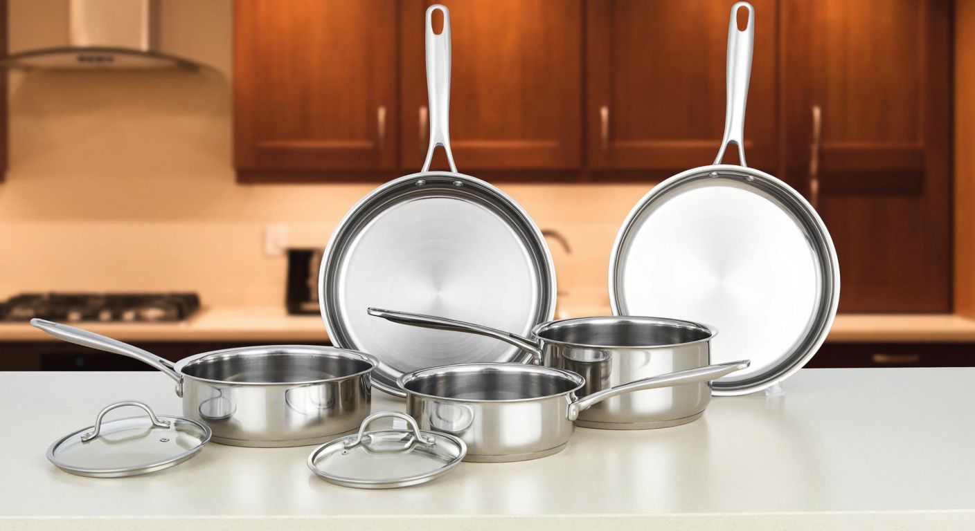 A gleaming stainless steel cookware set with three pans (16cm, 18cm, and 20cm in diameter) and their matching lids, neatly arranged on a Turkish kitchen counter with warm wooden cabinets in the background.