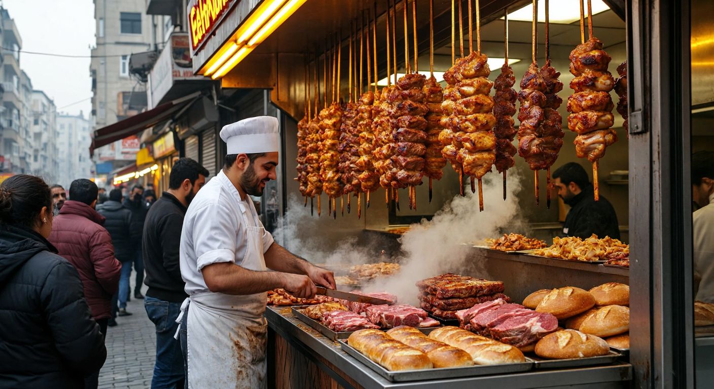 A bustling street in Sefaköy with a vibrant döner shop displaying golden-brown rotating chicken skewers, steam rising, and a smiling cook in a white apron slicing meat onto fresh bread, while customers wait eagerly under warm yellow lights.