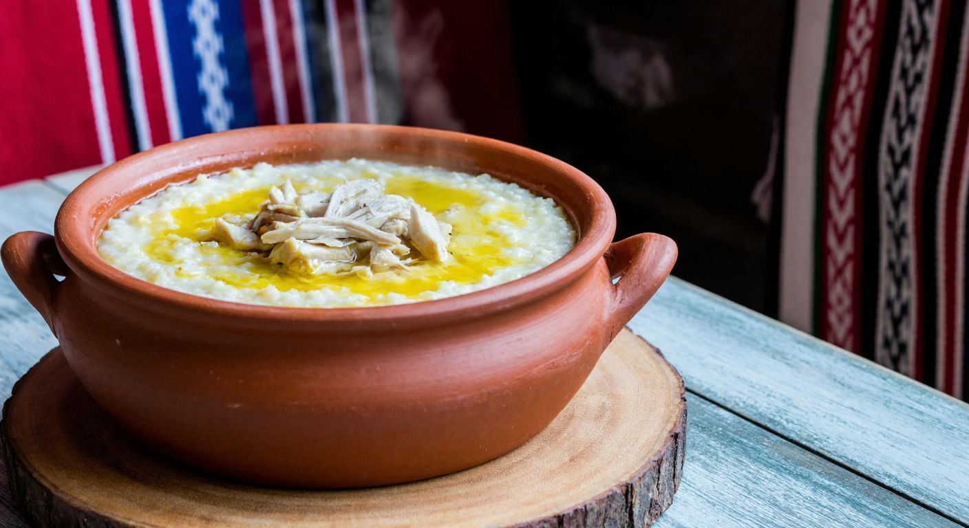 A steaming clay pot of creamy tavuklu keşkek, garnished with tender shredded chicken and melted butter, sits on a rustic wooden table in a traditional Tokat home with handwoven textiles in the background.