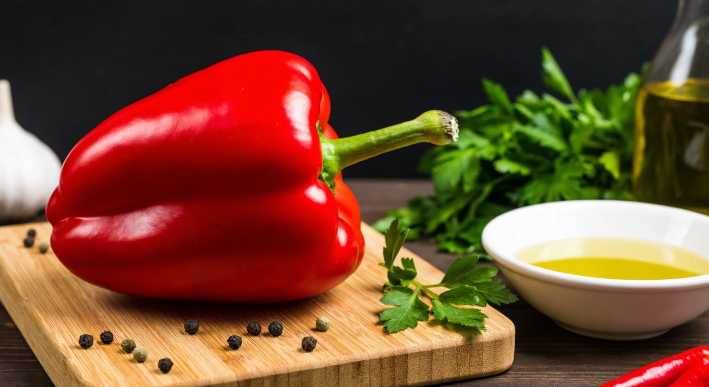 A vibrant red bell pepper resting on a wooden table in a Turkish kitchen, surrounded by fresh herbs and a bowl of olive oil, evoking a warm, inviting atmosphere.