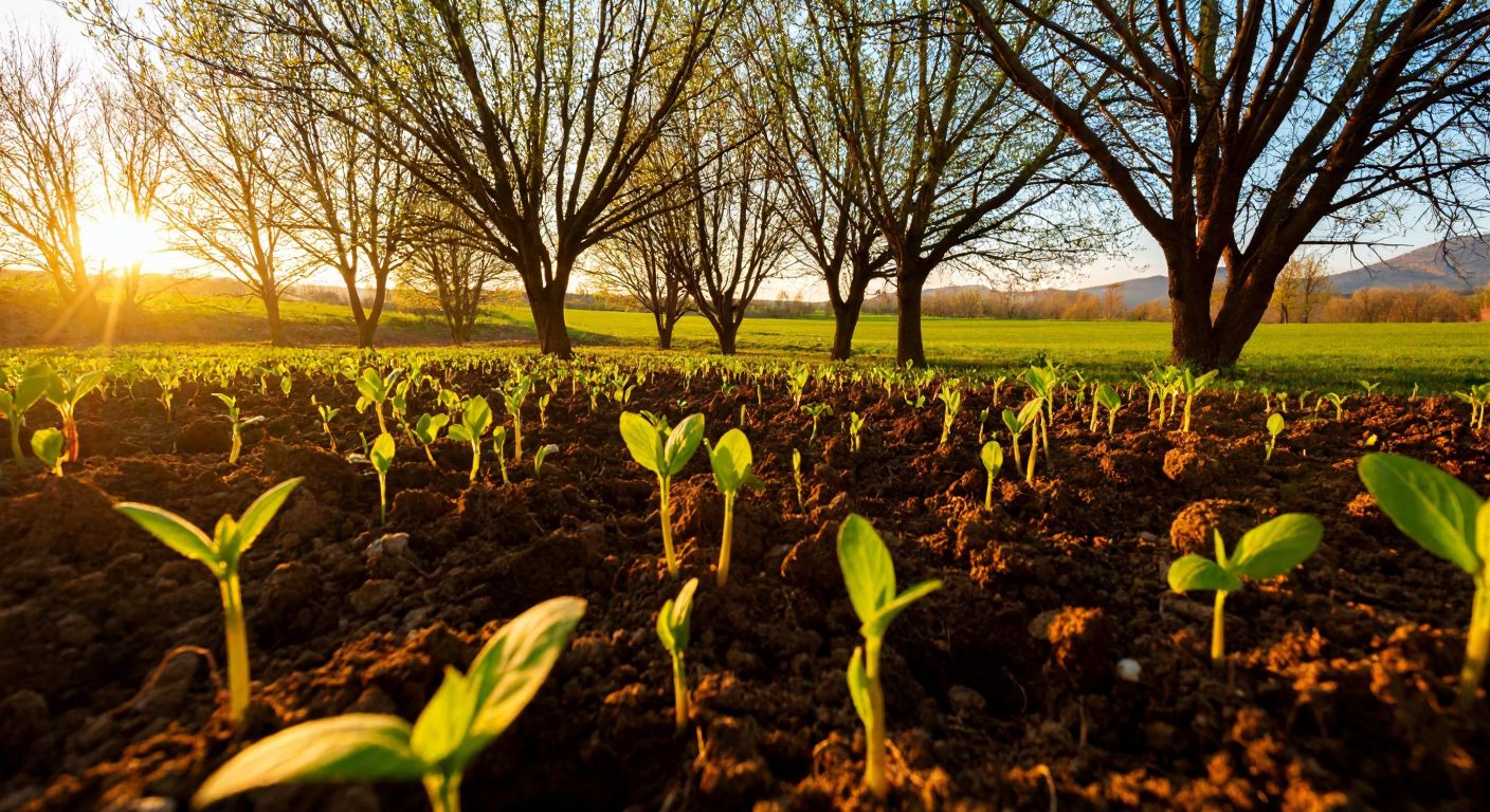 A serene Turkish spring landscape with bare trees sprouting fresh green leaves, their roots stretching into moist soil under a warm golden sunrise.