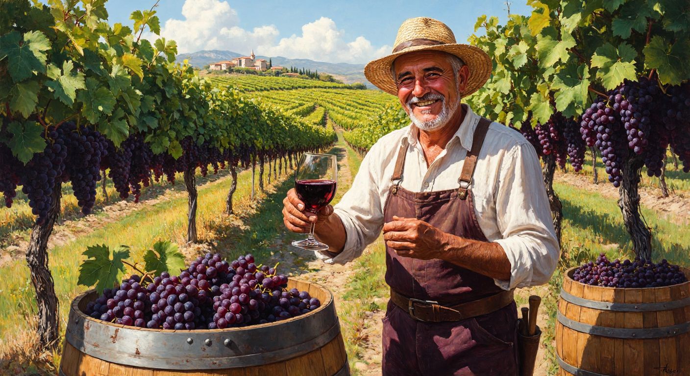 A sunlit Turkish vineyard with rows of lush grapevines, where a smiling elderly man in a straw hat carefully holds a glass of deep red wine, surrounded by wooden barrels and baskets of freshly picked grapes.