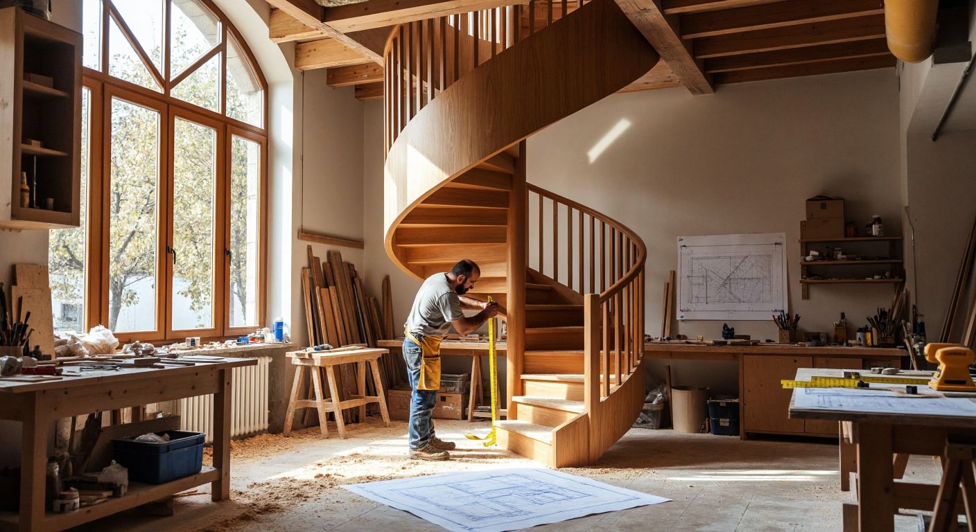 A craftsman in a sunlit Turkish workshop carefully measures the steps of a sleek wooden spiral staircase with a tape measure, surrounded by sawdust and blueprints.