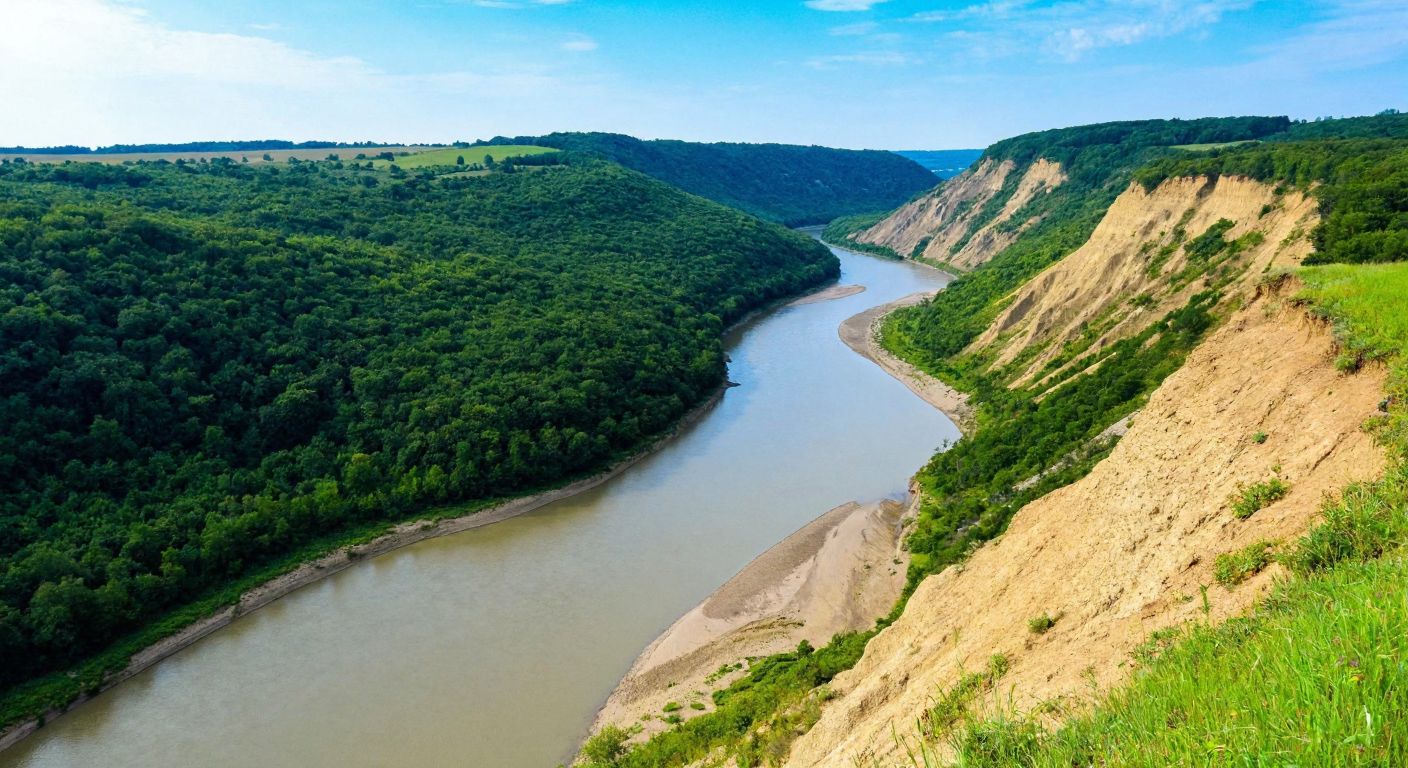A winding river with gentle curves meanders through a lush green valley, its outer banks eroded and steep while the inner banks are shallow with sediment deposits, under a bright blue sky.