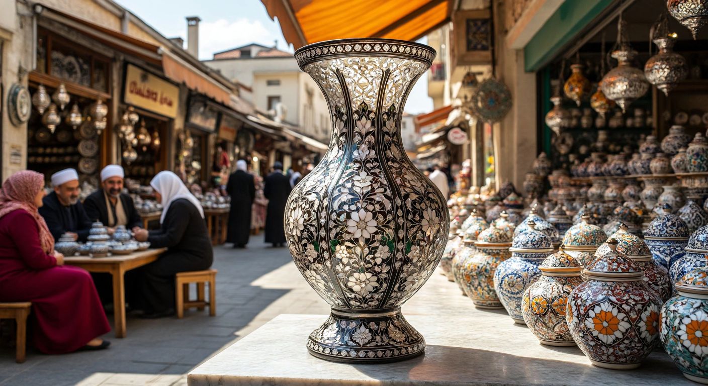 A grand, ornate glass vase with intricate mother-of-pearl inlay (sedefkari) sits in a sunlit Turkish bazaar, surrounded by colorful handcrafted ceramics and smiling artisans in traditional attire.