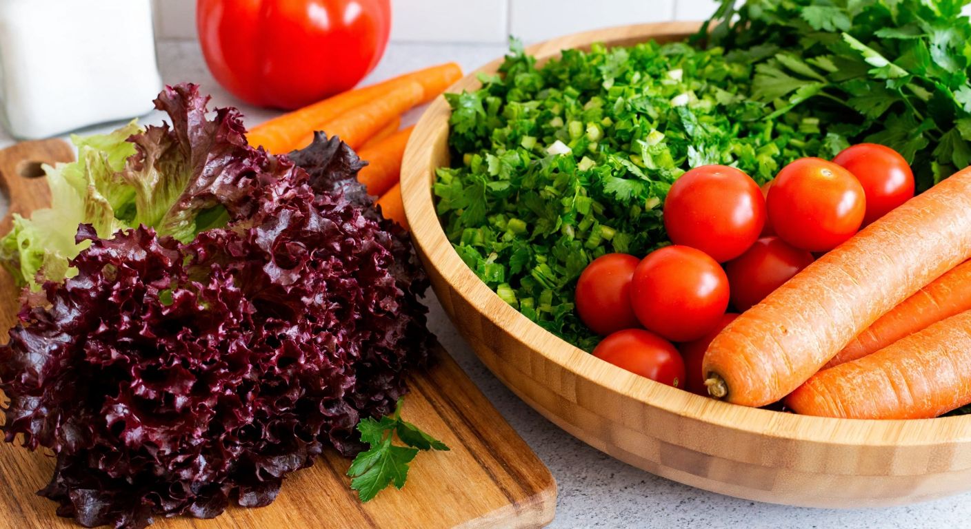 A vibrant Turkish kitchen counter displays fresh lolorosso lettuce leaves washed and chopped next to colorful ingredients like tomatoes, carrots, and parsley, with a wooden salad bowl half-filled with a bright, crisp salad.