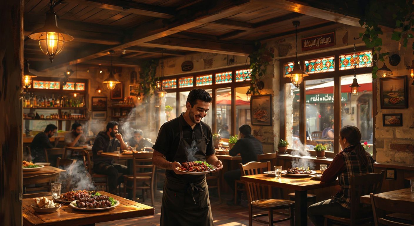 A cozy Turkish kebab restaurant with warm lighting, wooden tables, and steaming plates of kebabs, where a smiling waiter shakes his head politely to a customer asking a question.