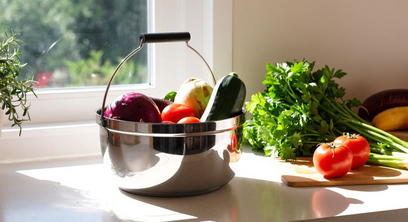 A gleaming stainless steel basket sits on a kitchen counter in Turkey, surrounded by fresh vegetables and herbs, reflecting light from a nearby window.