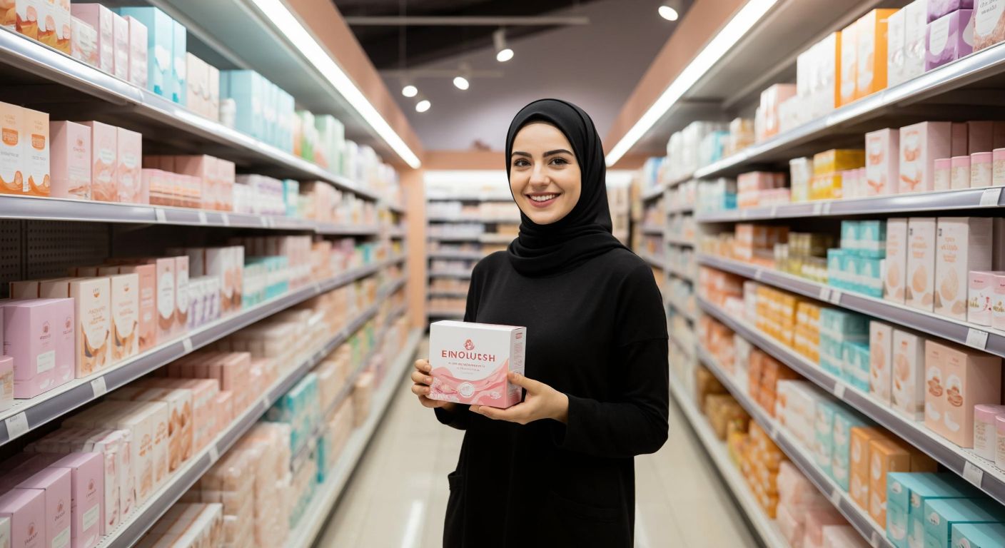A well-lit Carrefour supermarket aisle in Turkey, with neatly stacked shelves of Enroush organic feminine hygiene products in pastel-colored packaging, a smiling female shopper in modest clothing holding a box of Enroush pads, and a warm, inviting atmosphere.