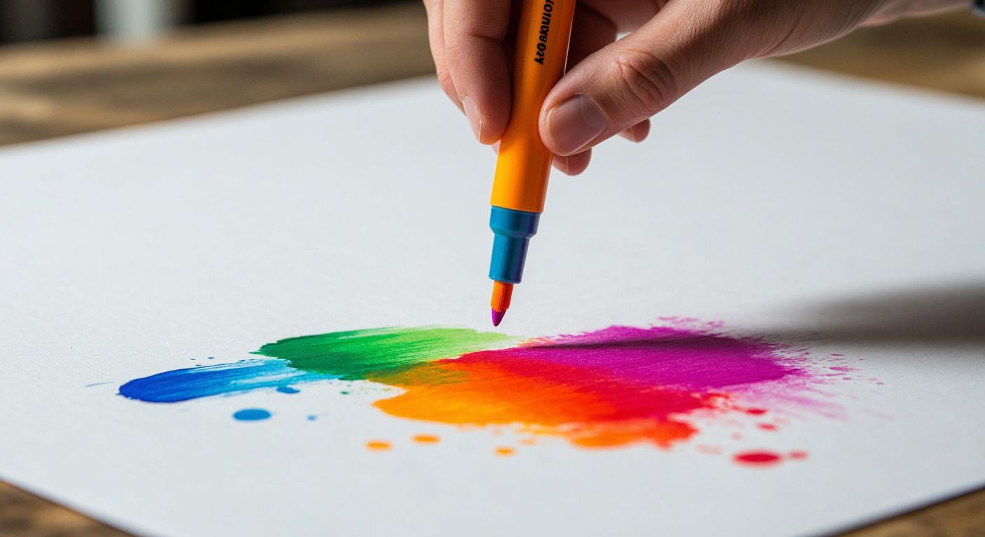 A hand holding a vibrant marker pen hovering over a thick, textured sheet of paper, with a faint ink bleed visible on the thin sheet beneath it.