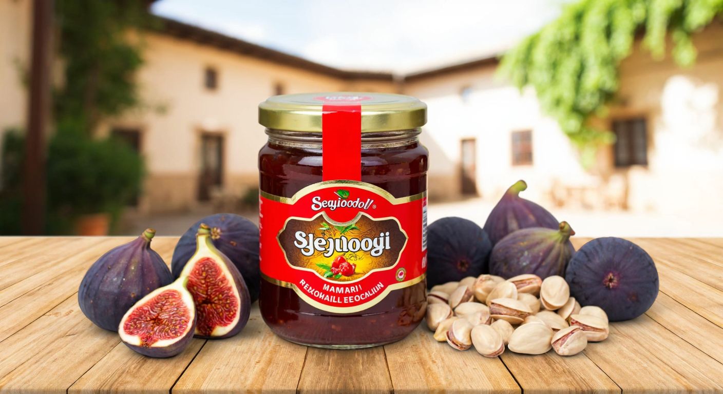A vibrant jar of **Seyidoğlu jam** with a golden lid, placed on a wooden table in a sunlit Gaziantep courtyard, surrounded by fresh figs and pistachios, evoking warmth and tradition.