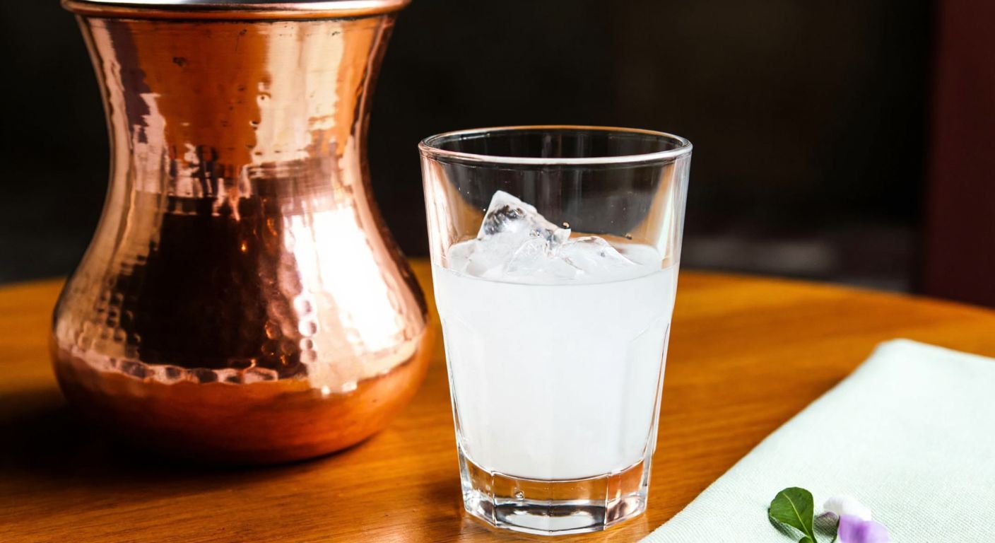 A traditional Turkish copper *rakı* glass cooler filled with ice, placed on a wooden table beside a clear glass of *rakı* with water droplets forming on its surface, evoking a relaxed evening gathering.
