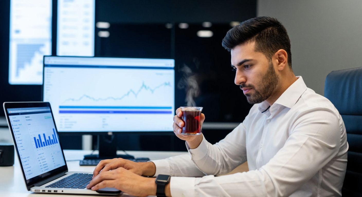A focused young Turkish professional in a modern office, confidently browsing investment options on a sleek laptop while holding a steaming cup of traditional Turkish tea, with a neatly organized financial chart displayed on a monitor in the background.
