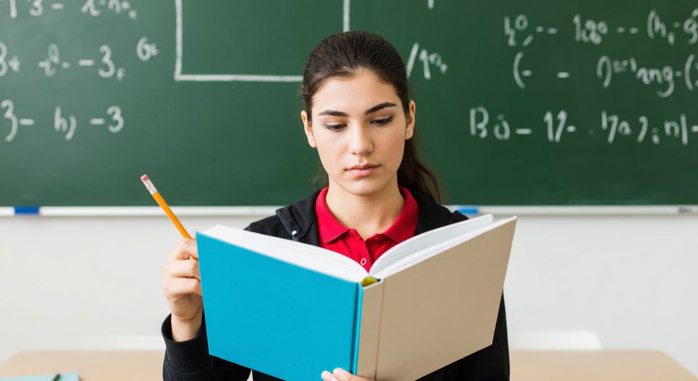 A focused Turkish high school student in a classroom, holding an open math textbook with a pencil in hand, surrounded by equations and graphs on the chalkboard behind them.