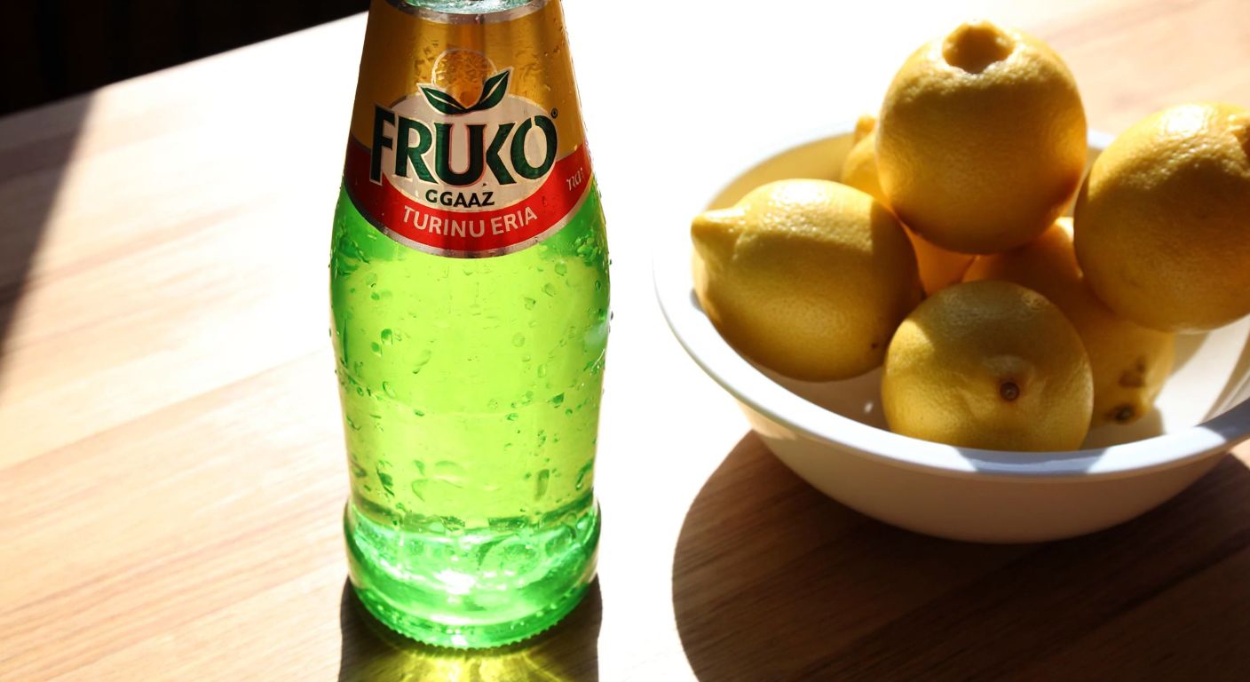 A colorful glass bottle of Fruko gazoz with condensation on its surface, placed on a sunlit wooden table beside a bowl of fresh Turkish lemons.