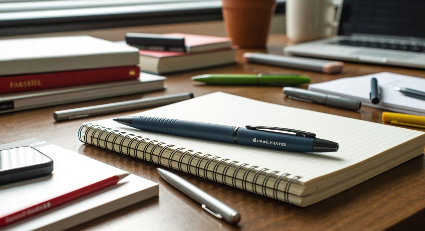 A sleek, ergonomic Serve versatile pen resting on a notebook with smooth, confident handwriting strokes, surrounded by scattered high-quality stationery like Faber-Castell and Scrikss products on a wooden desk in a well-lit Turkish study.
