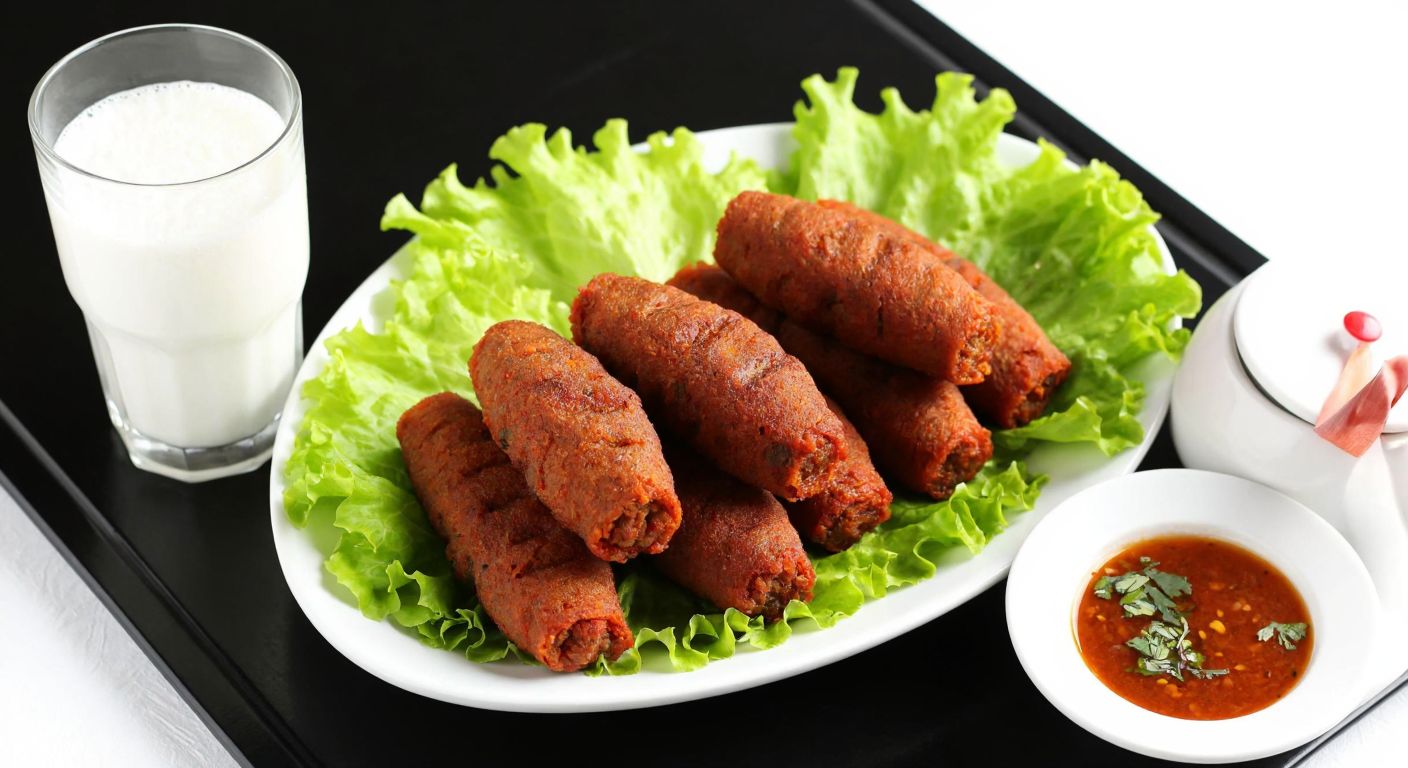 A vibrant plate of Antep-style çiğ köfte, made with fine bulgur and rich red pepper paste, neatly arranged on fresh lettuce leaves, accompanied by a glass of frothy ayran and a small bowl of tangy şalgam suyu, evoking the flavors of Gaziantep.