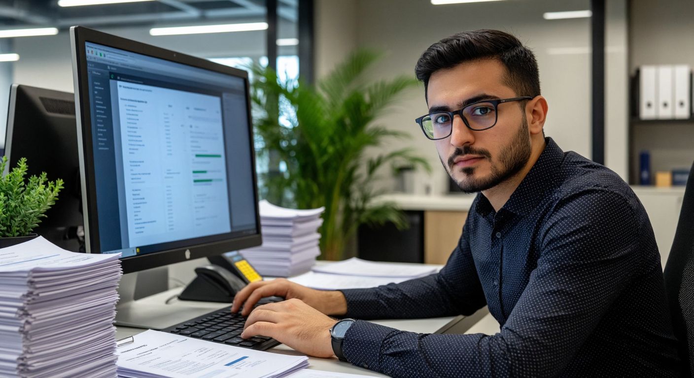A Turkish accountant in a modern office, wearing glasses and a focused expression, clicks on a computer screen displaying a digital invoice form while a neatly organized stack of paper invoices sits untouched beside them.