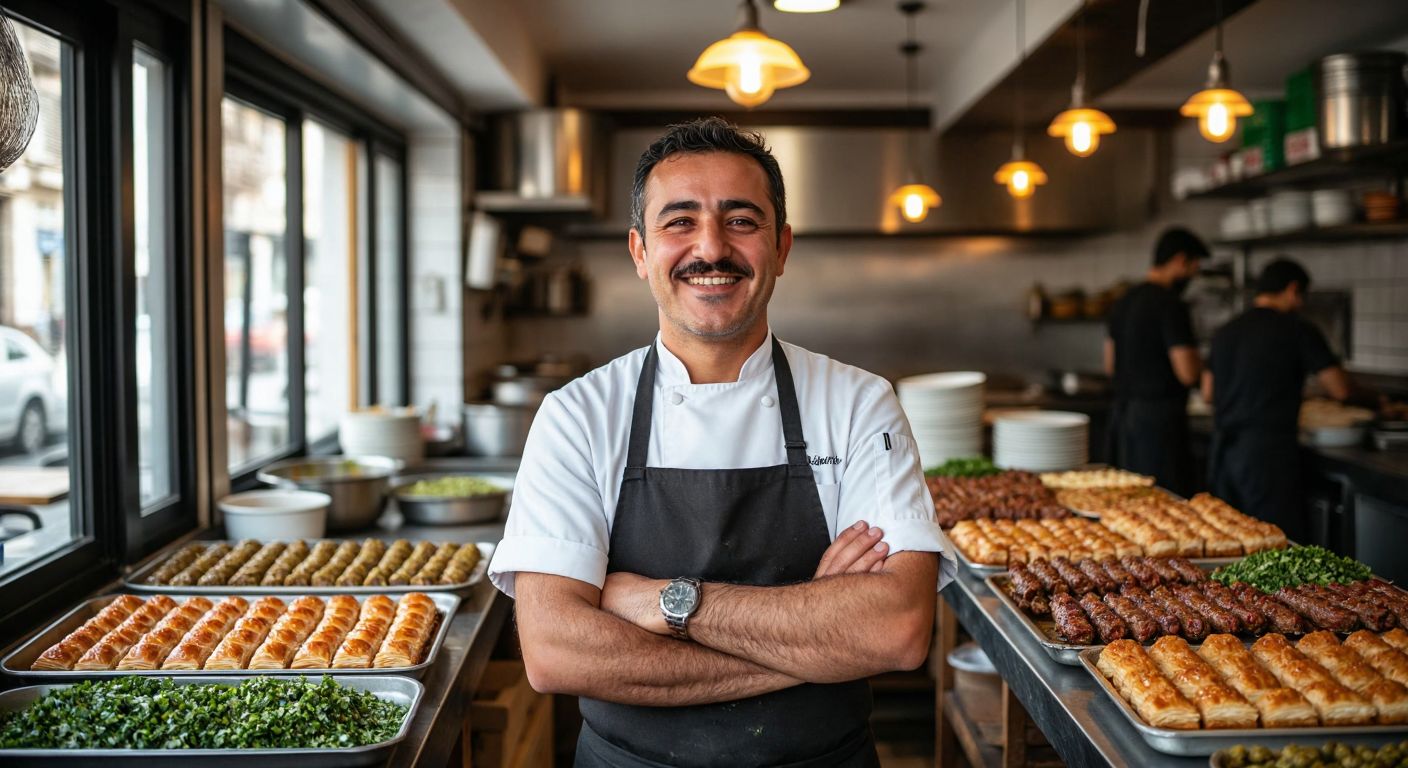 A smiling middle-aged man with a warm expression, wearing a chef's apron, stands proudly in a bustling Gaziantep-style restaurant kitchen, surrounded by trays of baklava and kebabs.