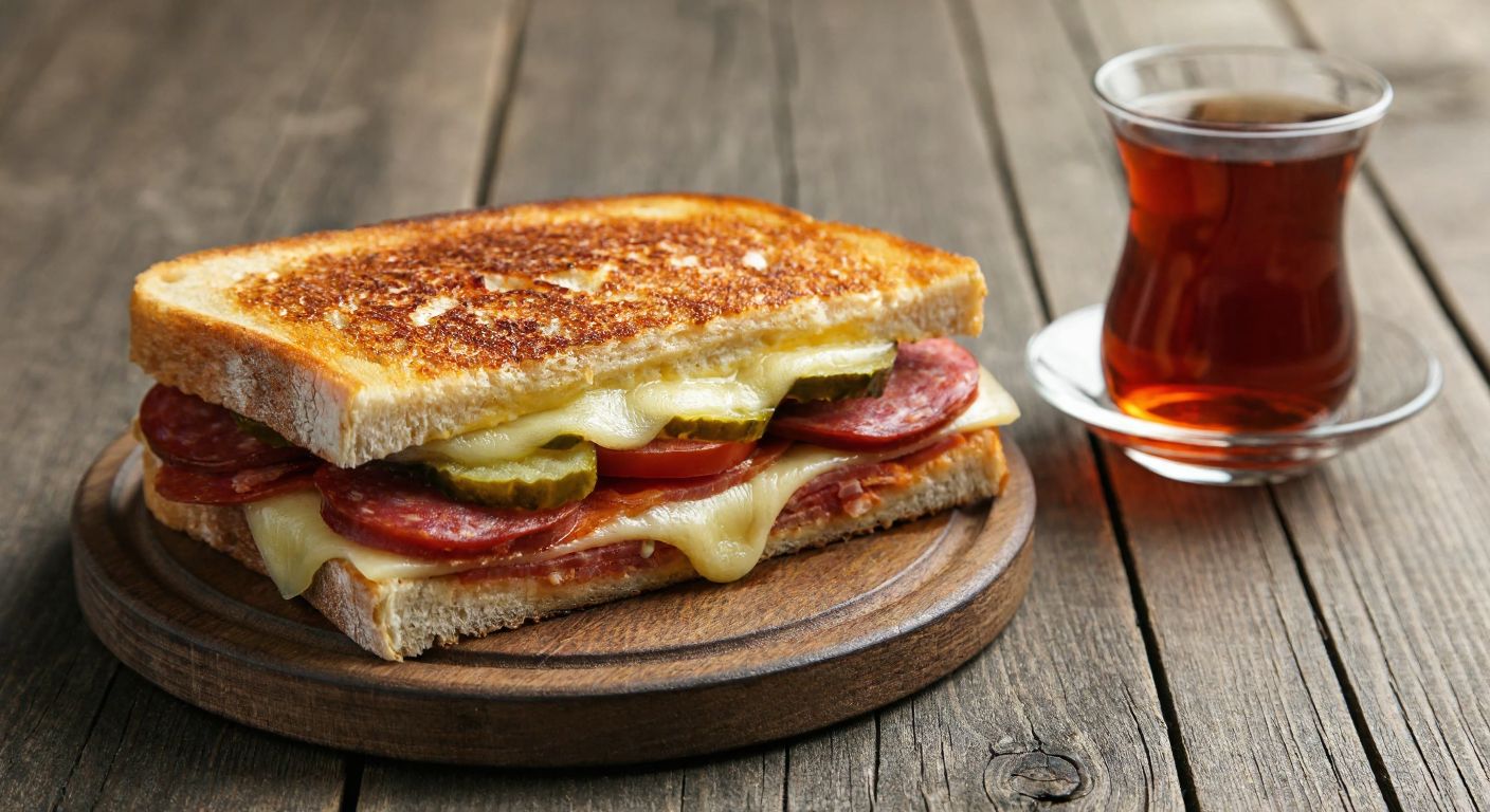A golden-brown toasted sandwich oozing melted kaşar cheese, filled with slices of sucuk, tomato, and pickles, resting on a rustic wooden table beside a small glass of steaming Turkish tea.