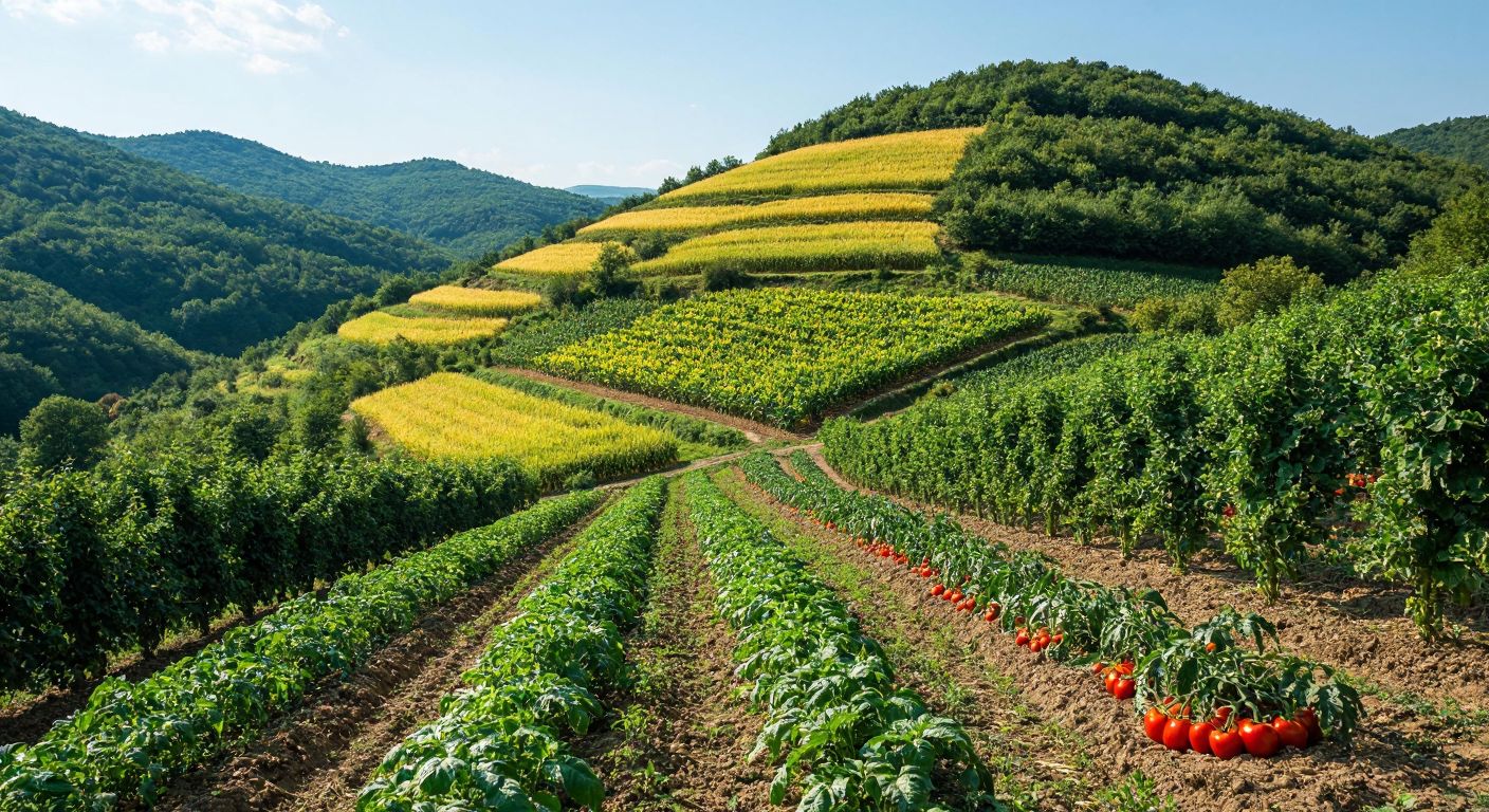 A lush green hillside in Ünye covered with hazelnut orchards, golden fields of wheat and corn, and vibrant vegetable patches with tomatoes and peppers, under a bright blue sky.