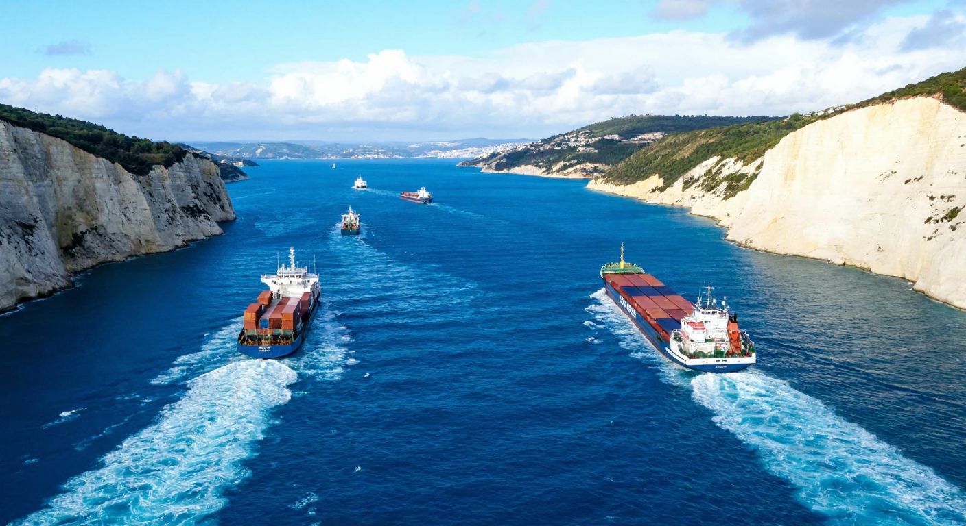 A narrow, bustling strait with cargo ships and ferries gliding through choppy blue waters, flanked by towering white cliffs on one side and a distant coastline on the other, under a partly cloudy sky.