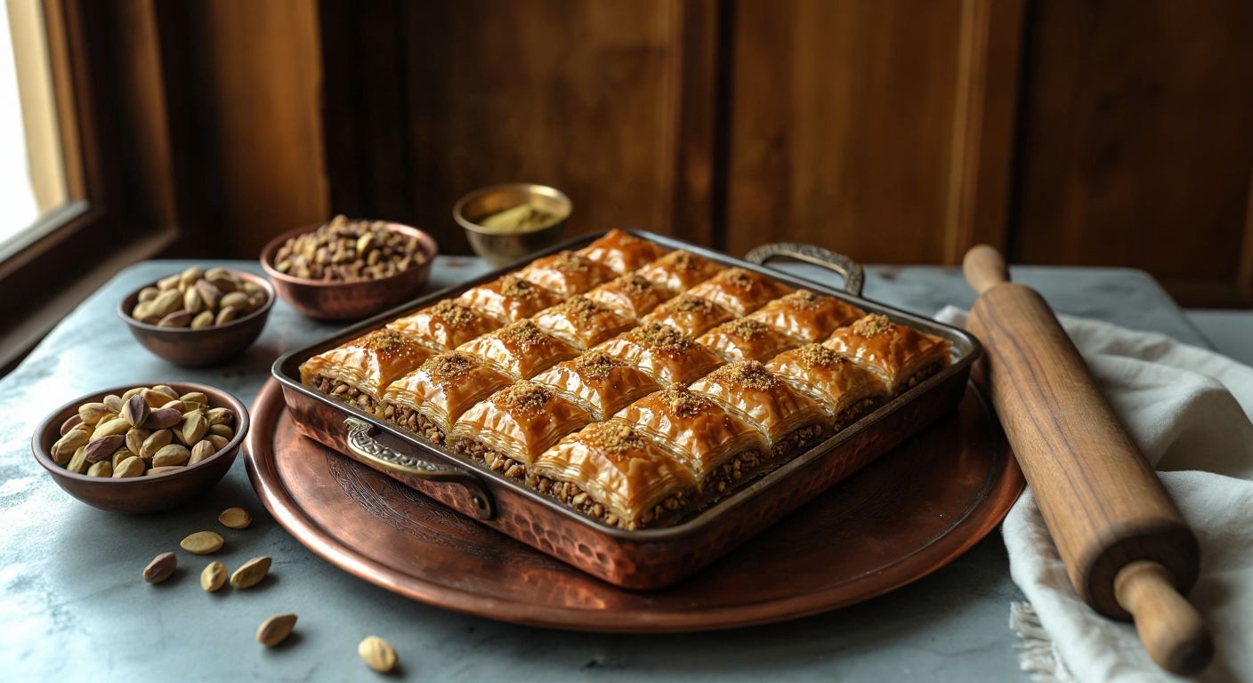 A golden-brown tray of freshly baked baklava, layered with crisp yufka, crushed walnuts, and drizzled with shimmering sugar syrup, resting on a traditional Turkish copper tray with a wooden rolling pin and a bowl of pistachios nearby.