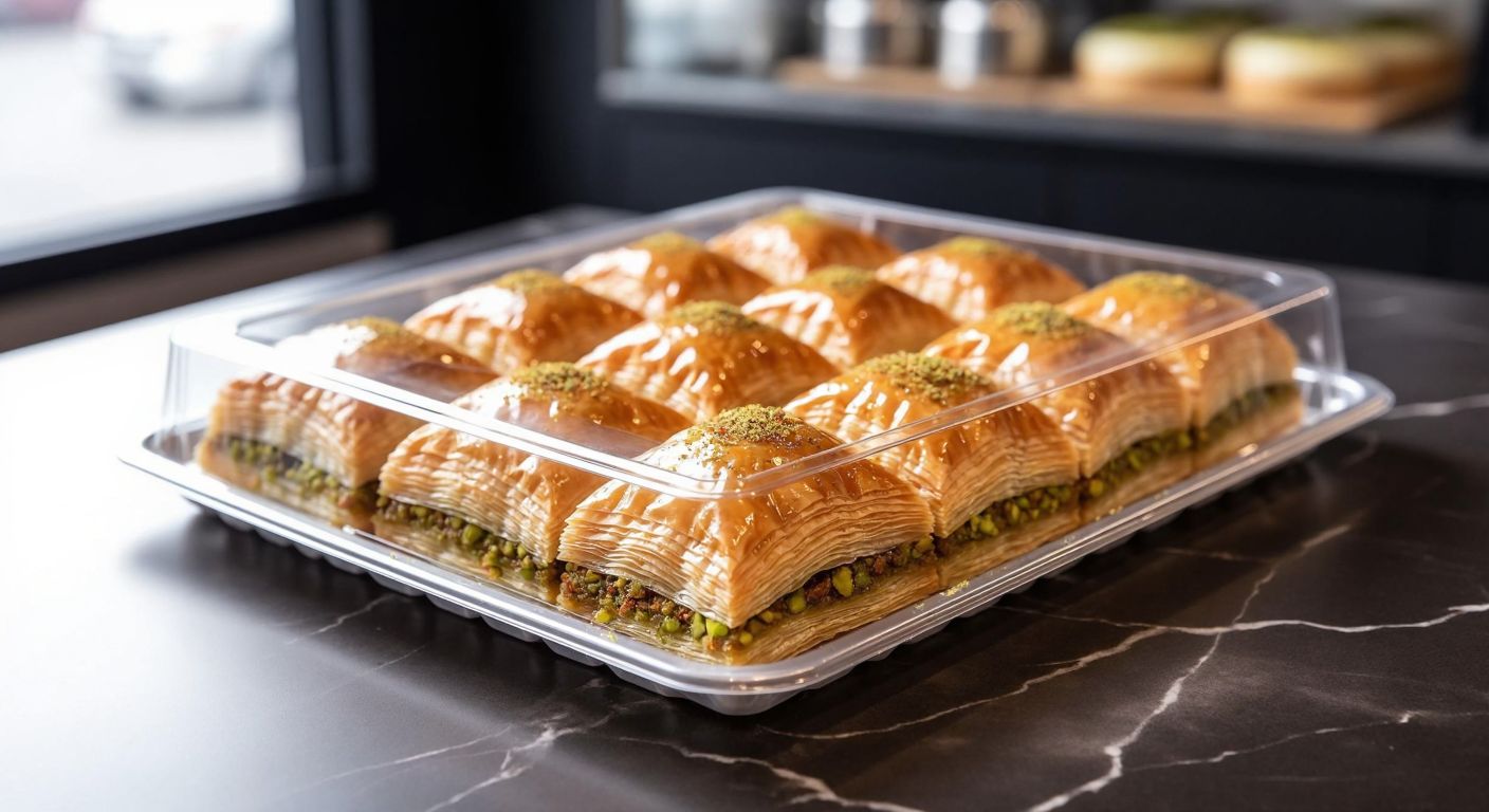 A clear, glossy plastic food package with a self-adhesive strip, neatly sealing a portion of fresh baklava on a marble countertop in a Turkish pastry shop.