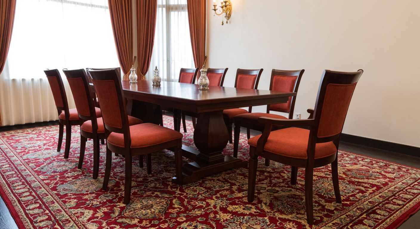 A spacious Turkish dining room with a large wooden table surrounded by eight cushioned chairs, all placed atop a vibrant 6m² patterned carpet in warm red and gold tones.
