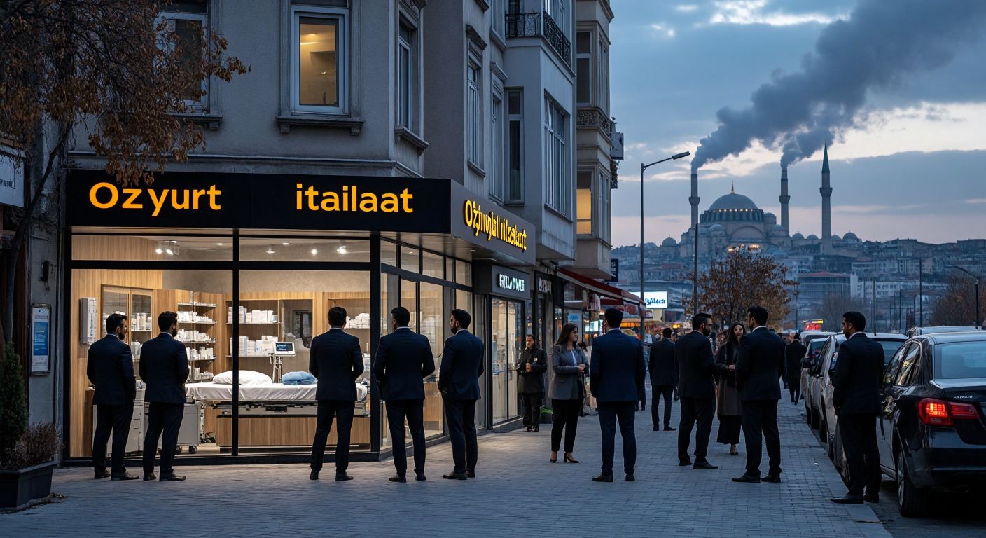 A bustling Istanbul street scene with a modern medical equipment storefront labeled "Özyurt İthalat İhracat," surrounded by businesspeople in suits discussing exports, with a distant silhouette of a factory hinting at industrial activity.