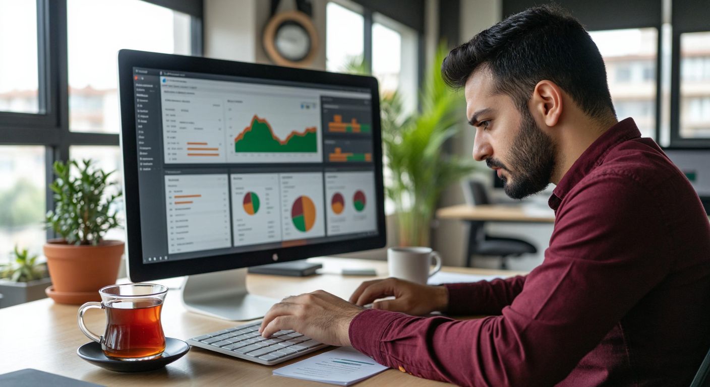 A Turkish office worker in a modern workspace intently organizes data on a computer screen displaying colorful Excel tables and charts, with a steaming cup of Turkish tea beside the keyboard.