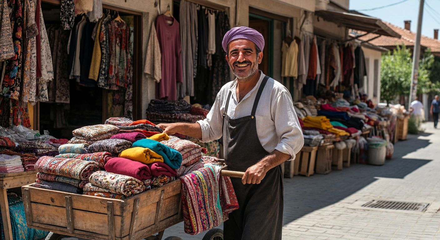 A cheerful street vendor in a Turkish village market, balancing a wooden cart filled with colorful household trinkets and fabrics, warmly engaging with a curious customer.