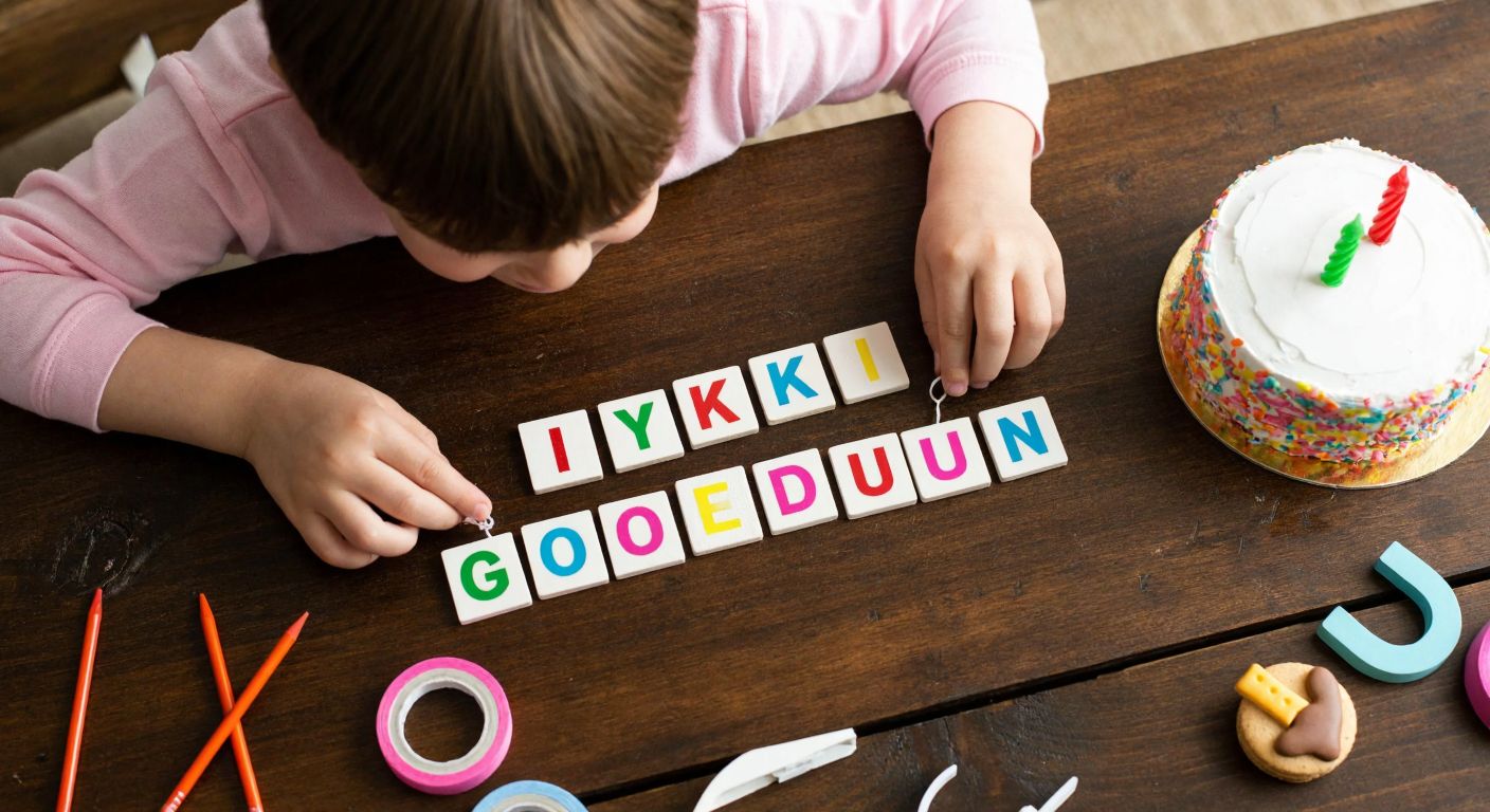 A smiling child carefully placing colorful letter-shaped stickers onto a handmade "İyi ki Doğdun" sign on a rustic wooden table, surrounded by scattered craft supplies and a small cake with candles.