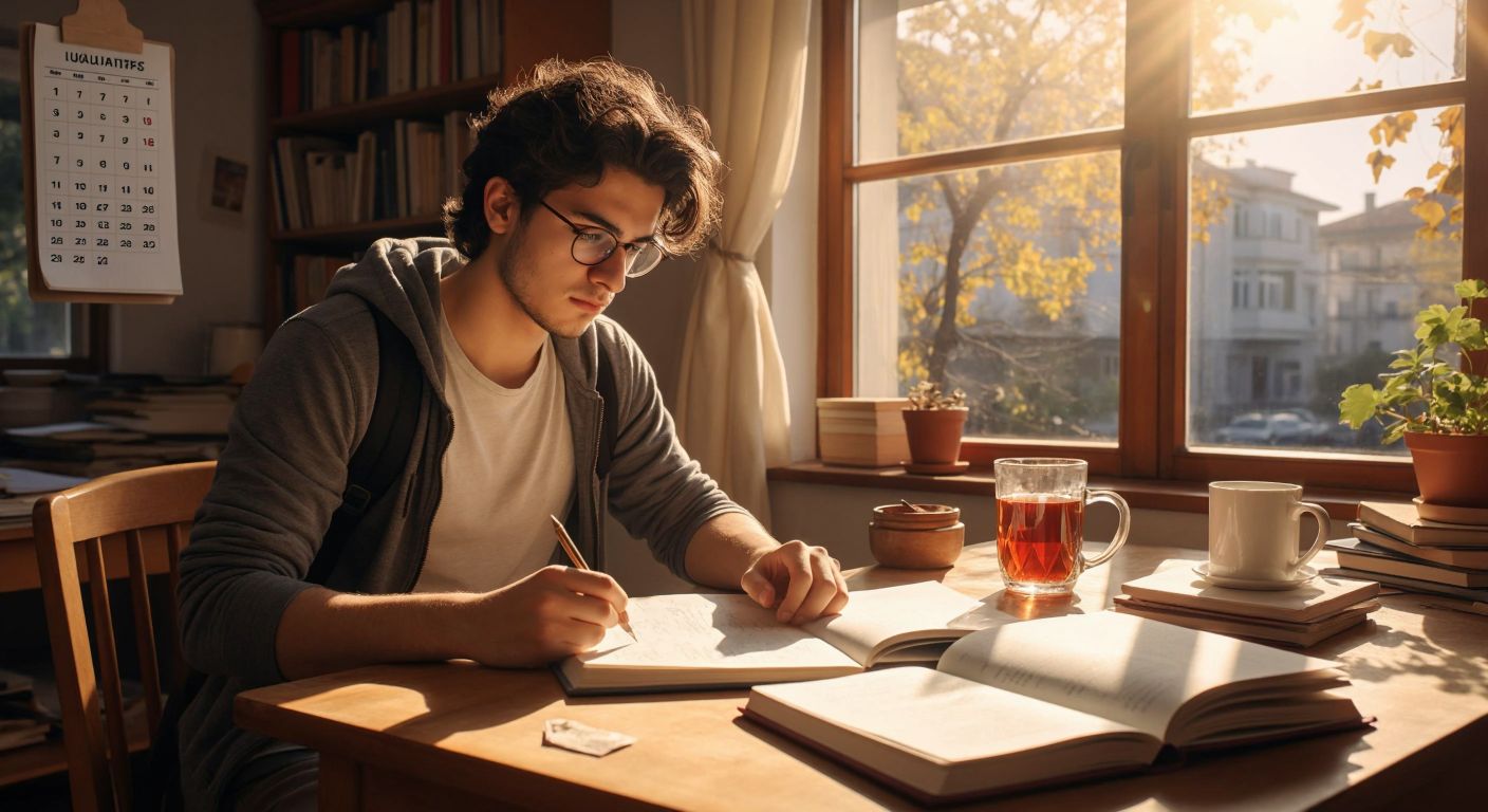 A focused Turkish student sits at a wooden desk in a sunlit room, surrounded by open textbooks, a notebook with handwritten notes, and a steaming cup of Turkish tea, while a calendar with marked dates hangs subtly in the background.