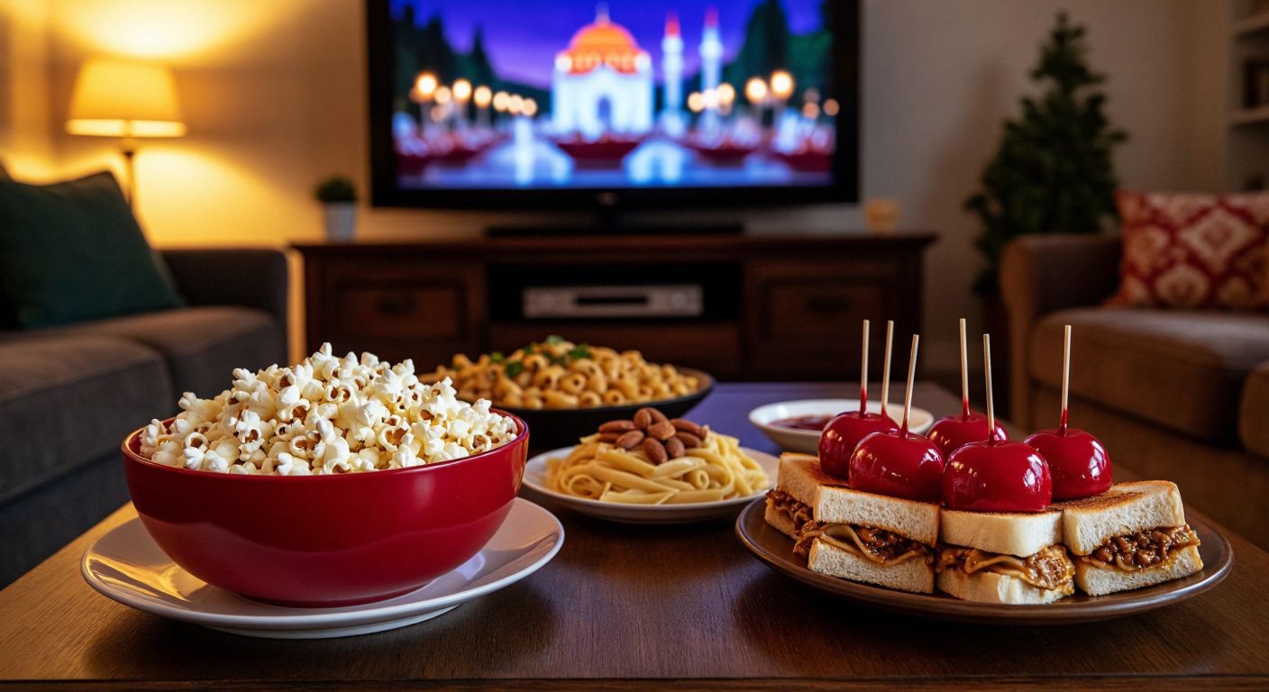 A cozy living room scene in Turkey with a bowl of buttery popcorn, a plate of mixed nuts, and a skewer of glossy red candied apples on a wooden coffee table, while a steaming plate of pasta and small Ottoman-style sandwiches sit nearby, all under the warm glow of a TV screen.