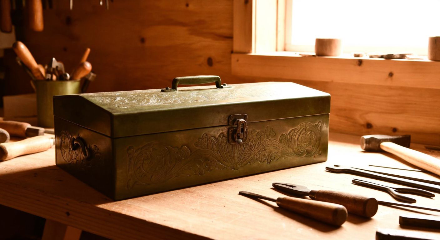 A weathered bronze toolbox with intricate engravings sits on a wooden workbench, surrounded by well-worn hand tools, its patina glowing warmly under sunlight filtering through a workshop window.