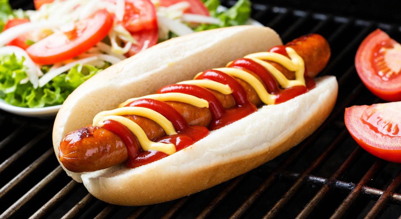 A sizzling Frankfurter sausage on a grill, nestled in a fresh bun with mustard and ketchup drizzled on top, surrounded by a colorful Russian salad and a side of sliced tomatoes.