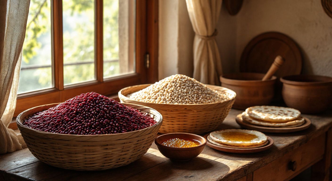 A rustic wooden table in a Turkish village kitchen holds two woven baskets—one filled with deep red wheat kernels and the other with pale white wheat kernels, surrounded by fresh flatbreads and a small bowl of honey, with golden sunlight streaming through a window.