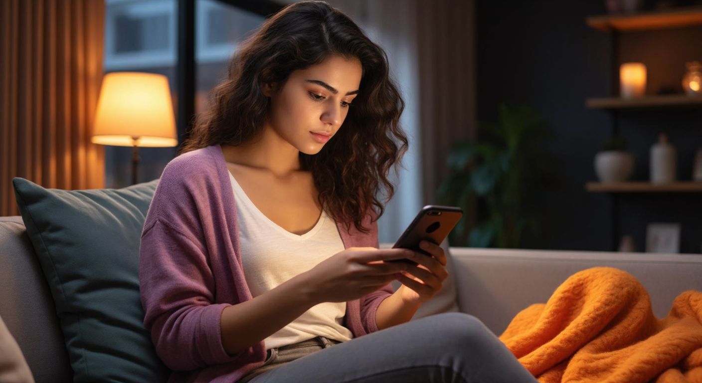 A young Turkish woman in a cozy home setting, wearing casual clothes, intently taps her finger on a smartphone screen displaying a shopping app interface with colorful product thumbnails.