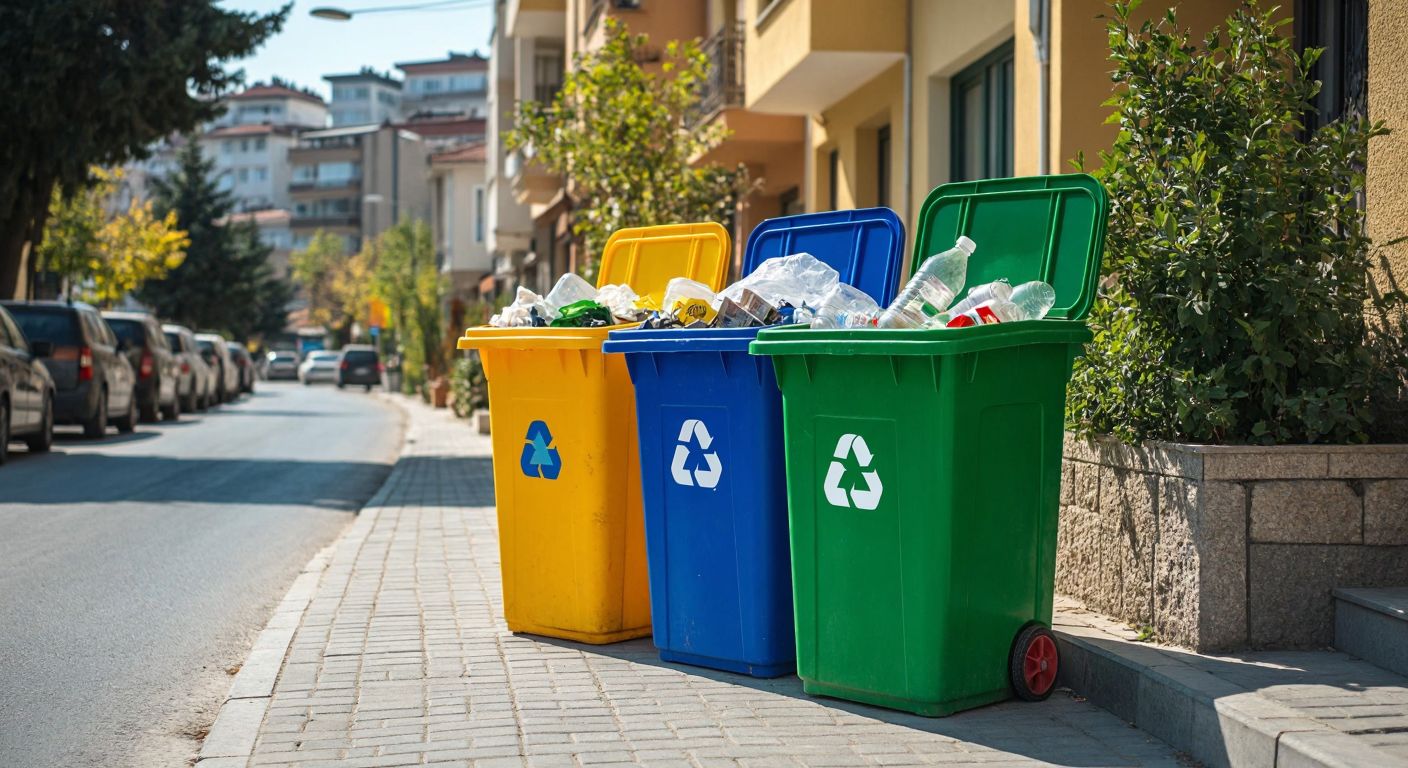 A sunny Turkish street with three brightly colored recycling bins (blue, yellow, and green) placed side by side, while a person carefully sorts clean paper, plastic, and glass items into them.