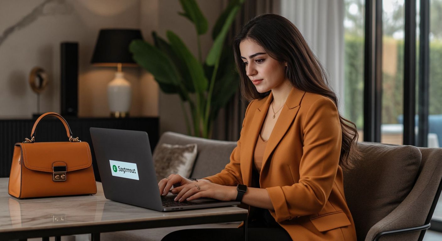 A Turkish woman in a modern home setting confidently types on her laptop with a Doğan Çanta-branded handbag placed beside her, while a secure payment confirmation notification glows on the screen.