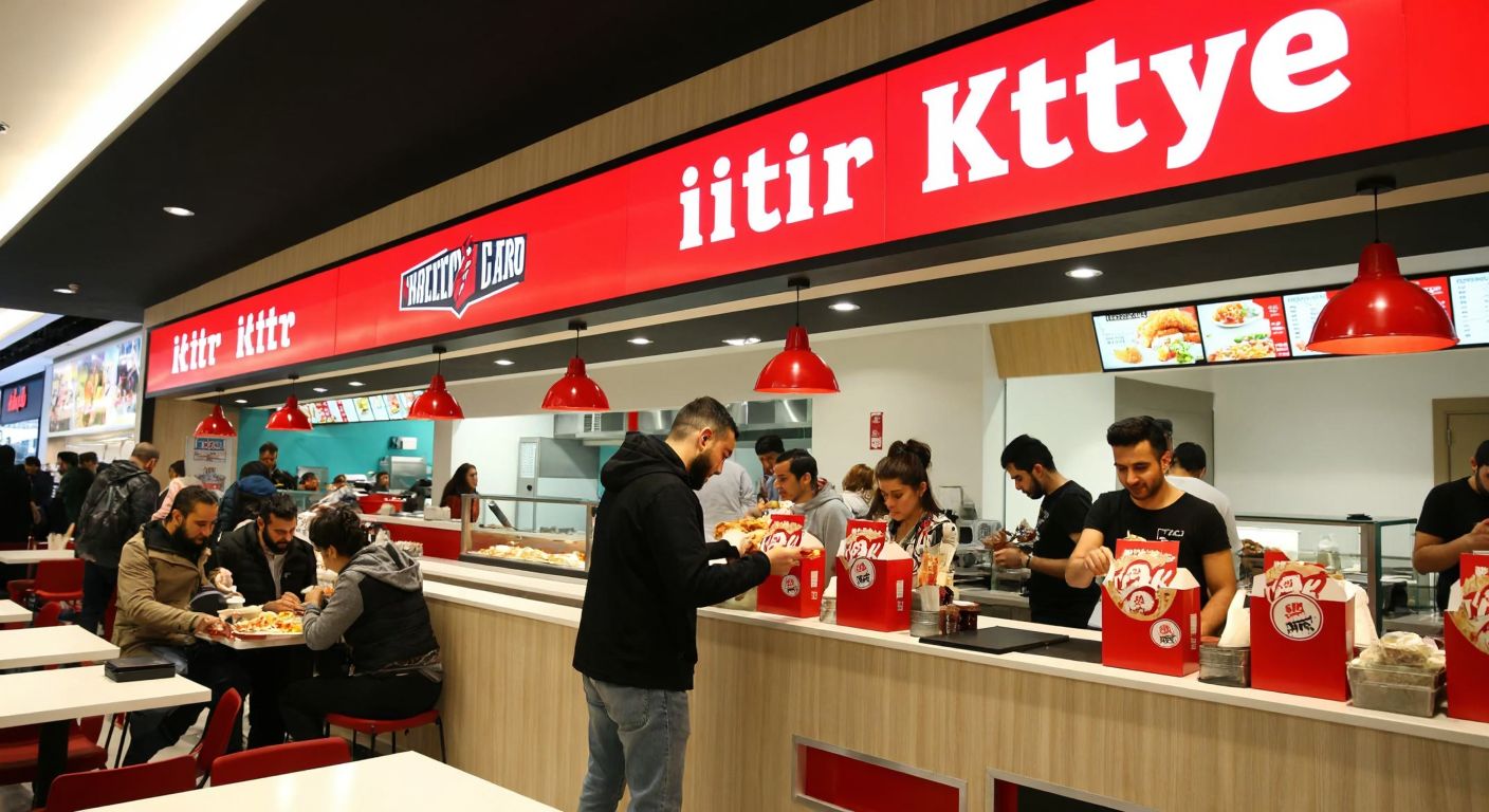 A bustling food court in a modern Turkish shopping mall, with people happily eating crispy fried chicken from red-and-white branded boxes at a brightly lit Kıtır counter.