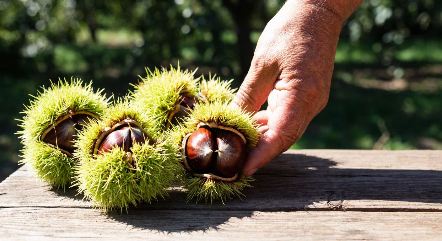 A close-up of small, plump chestnuts with their spiky green husks, resting on a rustic wooden table in a sunlit Turkish orchard, with a farmer’s weathered hands gently holding one up.