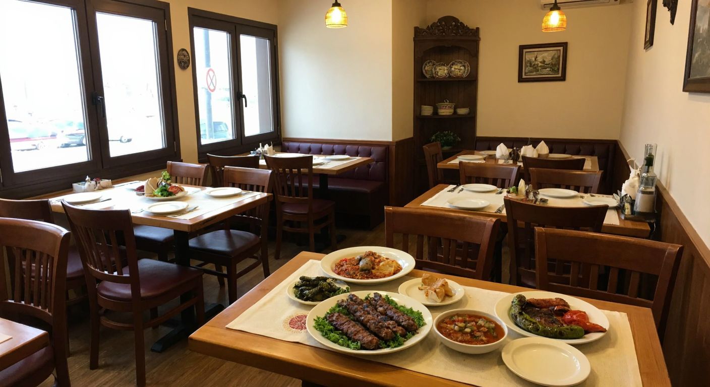 A cozy, traditional Turkish lokanta in Ümraniye with wooden tables, steaming plates of kebabs and meze, and a warm atmosphere where waiters serve tea instead of alcohol.