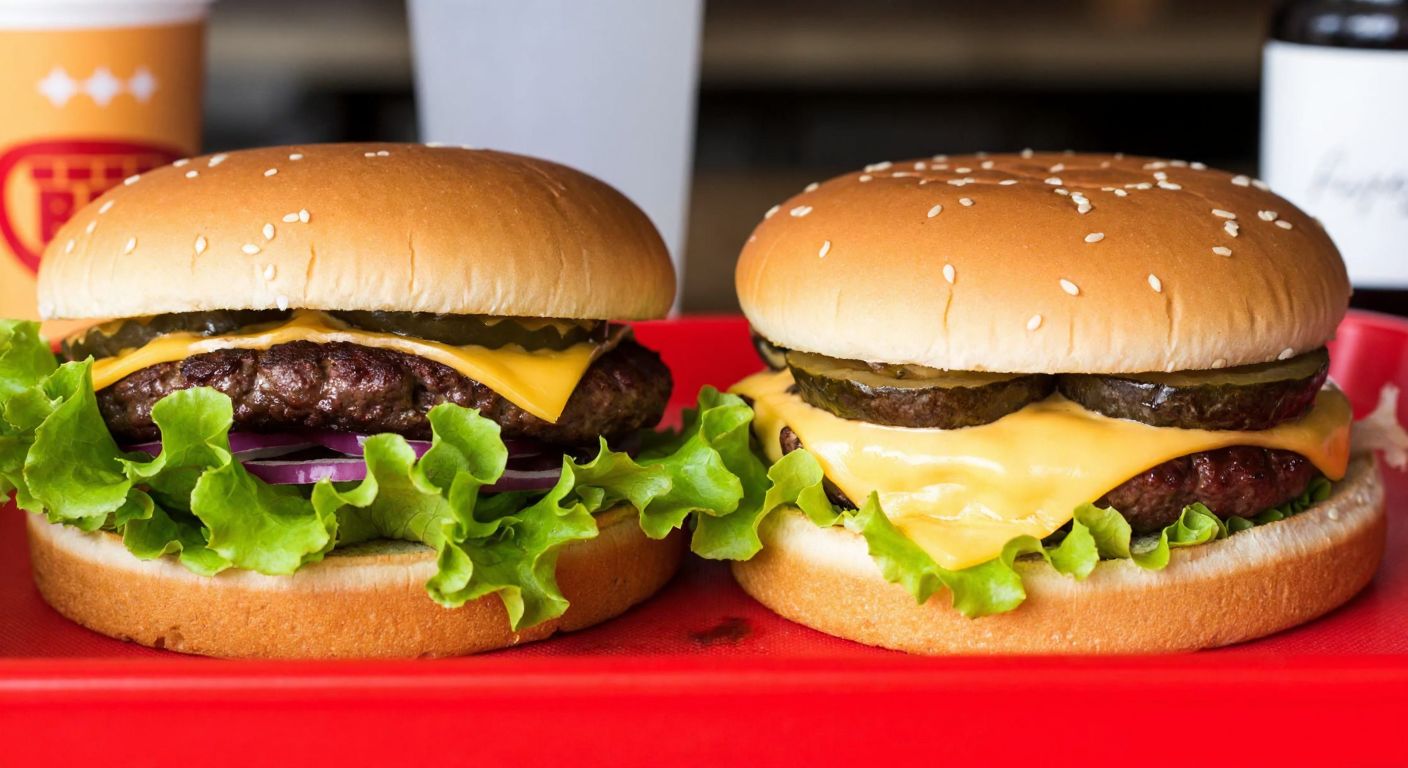 A close-up of two juicy burgers side by side on a red tray, one with two stacked beef patties and the other with four, garnished with fresh lettuce, melted cheese, and sesame seed buns, evoking a savory fast-food craving.