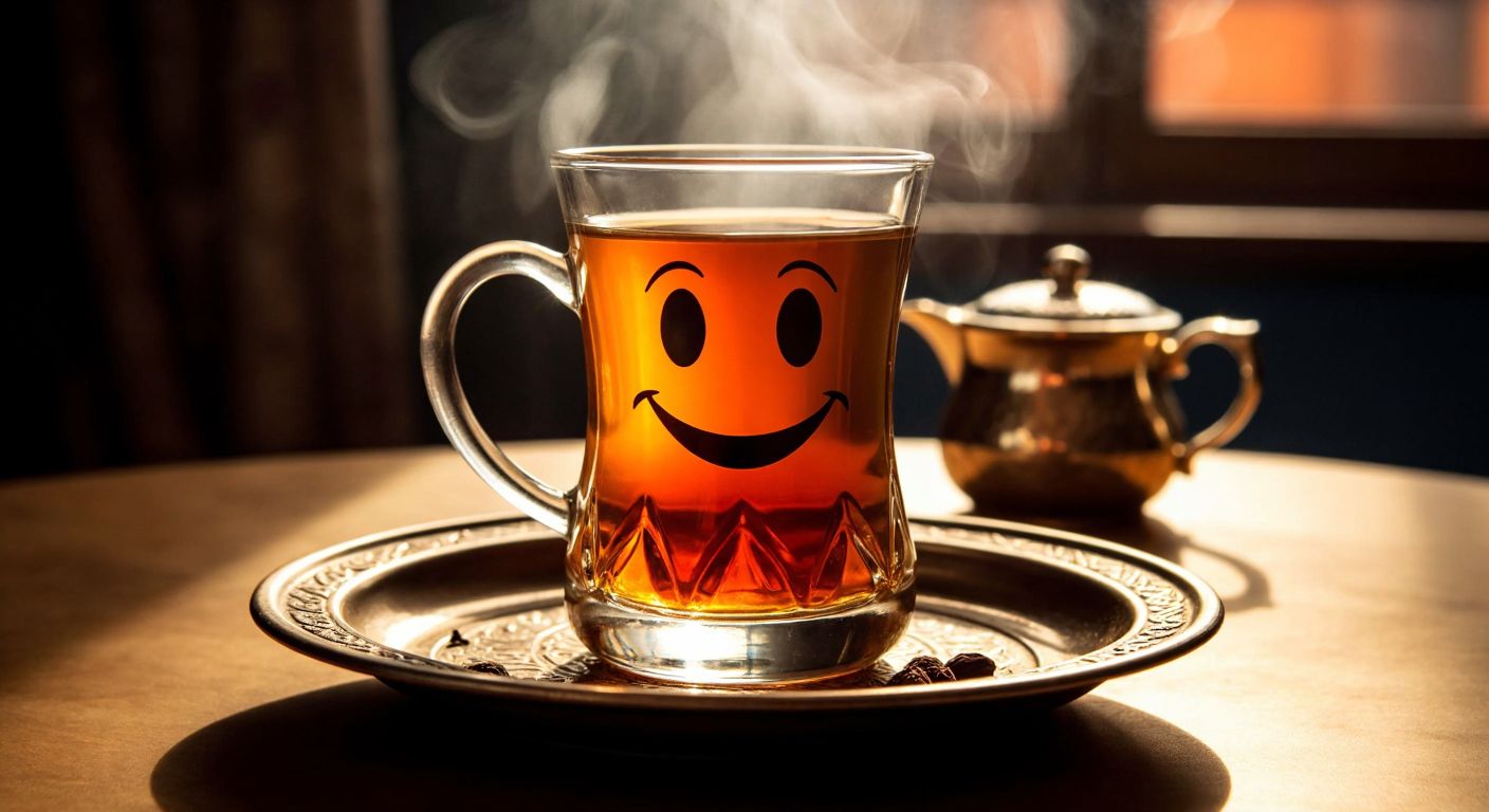 A steaming glass of amber-colored Akbar tea sits on a traditional Turkish tea tray, surrounded by contrasting reactions—a smiling face savoring the aroma and a frowning face pushing the glass away.  

(Note: The description avoids text, symbols, and technology while capturing the essence of mixed opinions about the tea's quality in a Turkish context.)