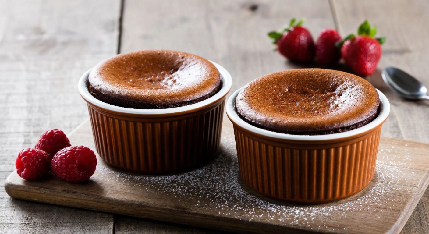 A pair of small, ceramic ramekins filled with golden-brown chocolate soufflés, placed on a rustic wooden table with a dusting of powdered sugar and fresh berries nearby.